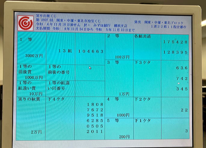 第2578回関東・中部・東北自治宝くじ(実りの秋くじ)当選番号