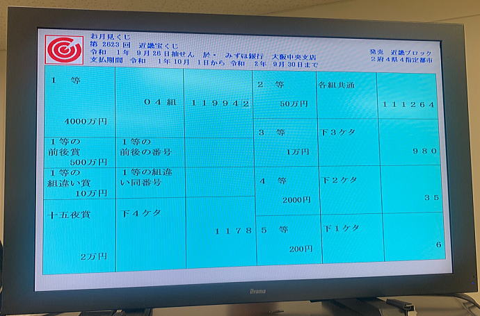 第2623回近畿宝くじ(お月見くじ)当選番号一覧