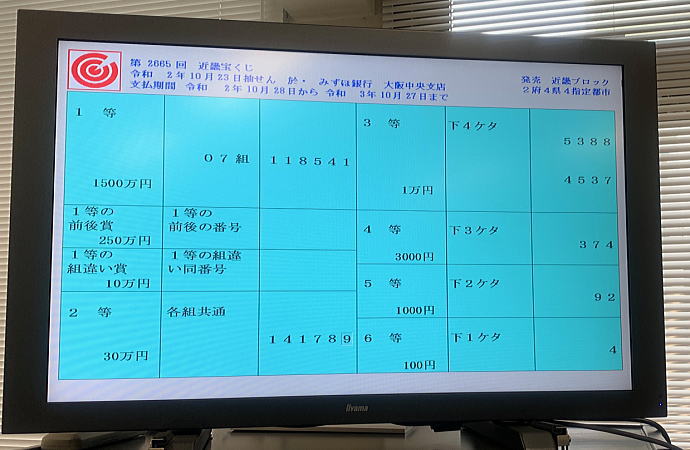 第2665回近畿宝くじ当選番号一覧