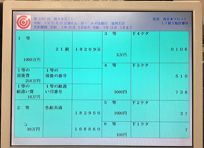 第2357回西日本宝くじ当選番号一覧